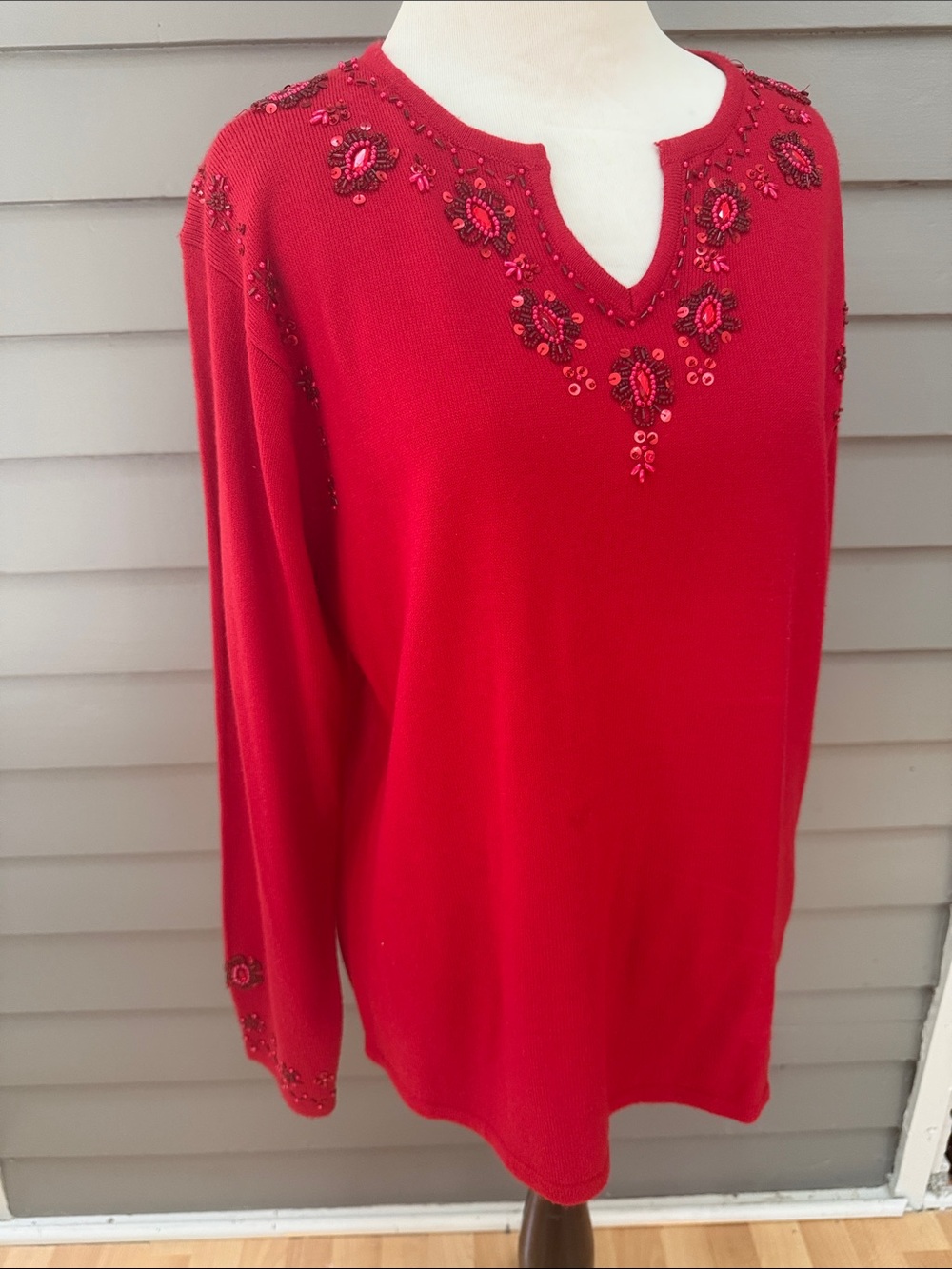 Vintage Jenny Beaded Sequined Embellished Red Women's V-Neck Sweater Large